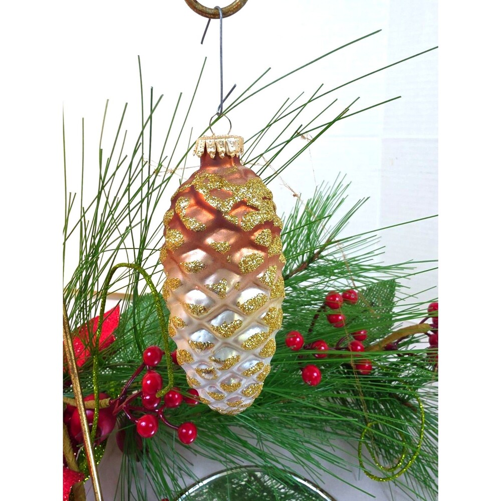 Glass Pinecone Christmas Ornaments  Gold Glitter Brown Woodland Holiday